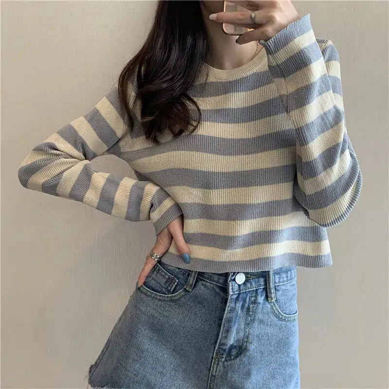 

Korean O-neck Stripe Cropped Pullover Sweater Fashion Loose Long Sleeves Preppy Style Knitted Sweater Spring Summer Sweater Top