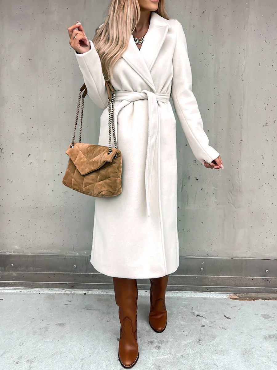 

Women s Elegant Notched Lapel Coats Timeless Long Sleeve Belted Overcoat Winter Coat with a Solid Color Design
