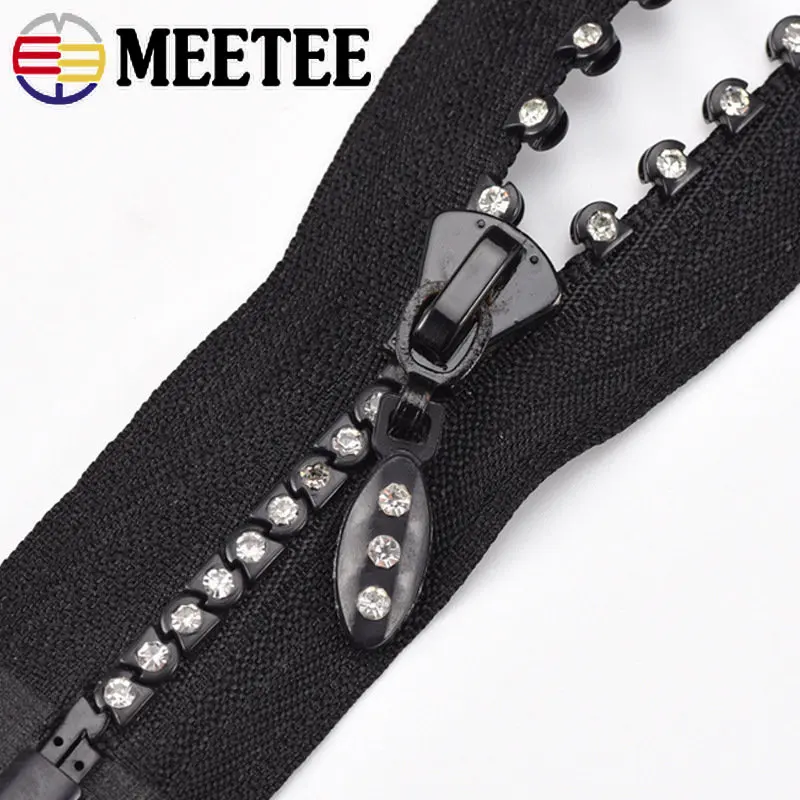 1/2Pc Meetee 50/60/70cm 5# Resin Rhinestone Zipper Open-End Auto Lock Zip Diamond Decoration Zips for Jacket Coat Sewing Zippers