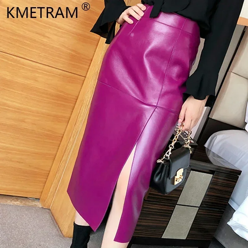 Женское платье из натуральной кожи с завышенной талией простое разрезом женское