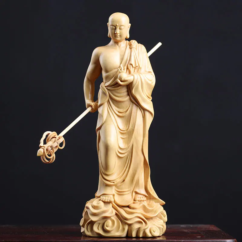 

20CM Boxwood Ksitigarbha Sculpture Wood Buddha Statue Dizang Wang Bodhisattva Worship Home Decor Crafts