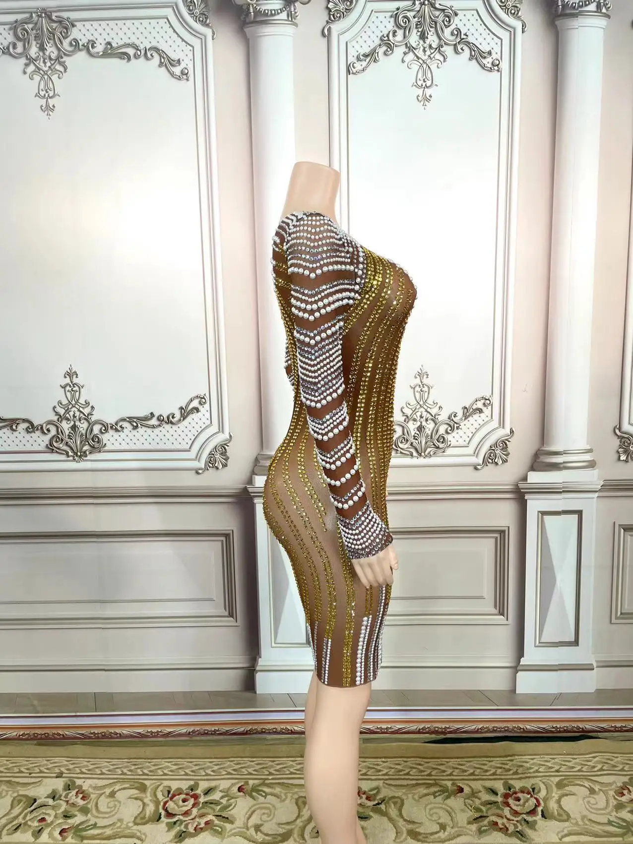 Skin Color Mesh gold Rhinstone  Mini Evening Short Dress Bodycon Festival Showgirl Costume Birthday Formal Real Women Celebrate