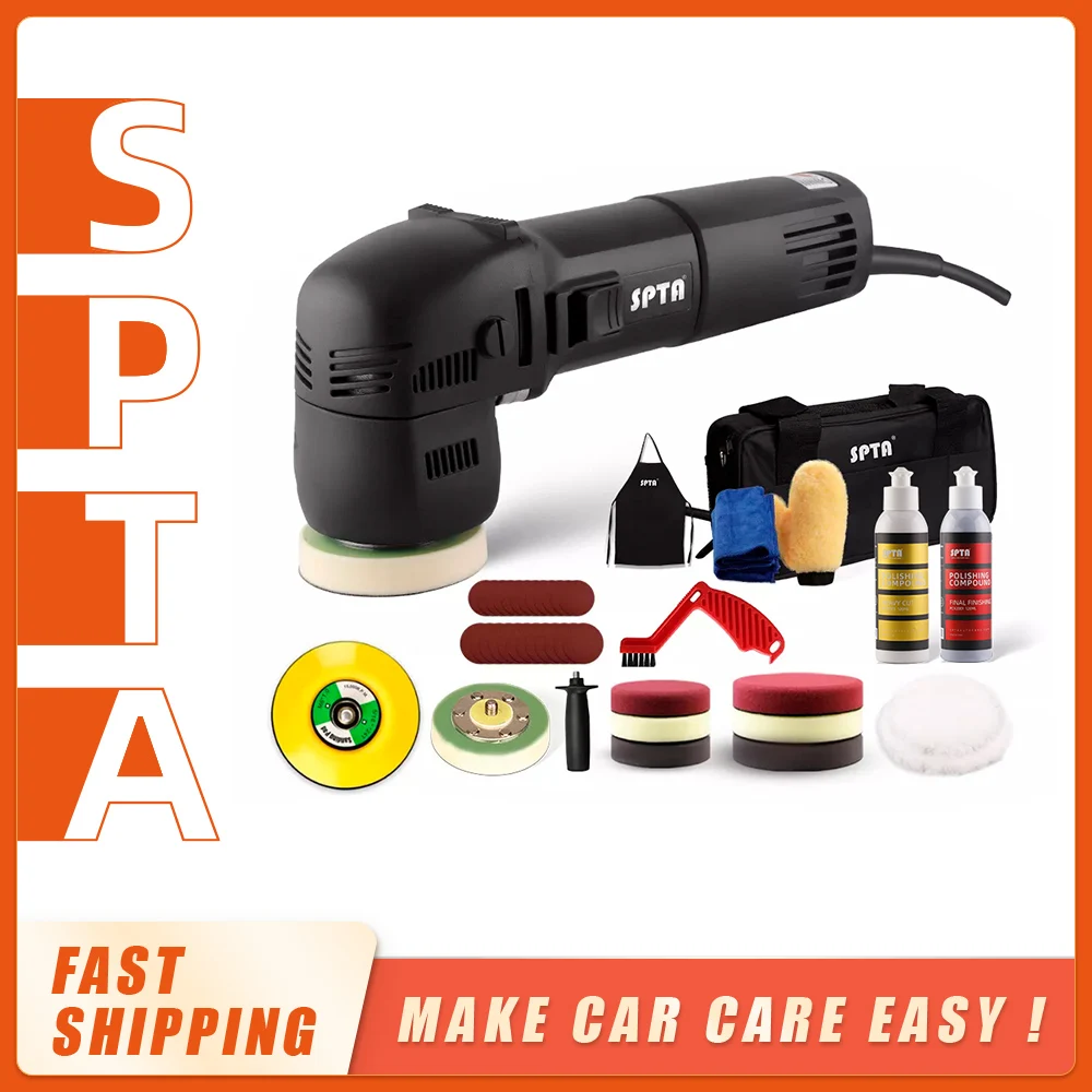 SPTA 3inch 10mm Random Orbit Dual Action Polisher Mini Car Polisher Electric Car Beauty Polishing Machine Set with Polish Pads