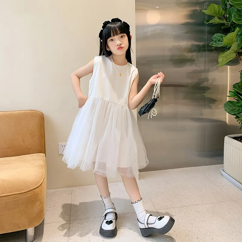 

Girls Dresses Summer Sleeveless Mesh Patchwork Princess Dress for Kids Clothes White Preppy Style Casual A-line Ballet Costumes