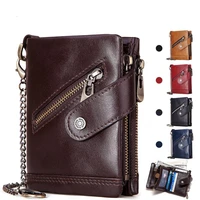 genuine leather men wallet brand small rfid male trifold wallets zipper hasp design chain purse card holder coin pocket clutch