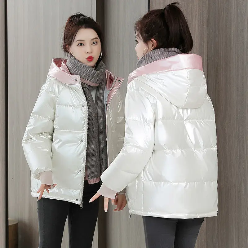 Winter Jacket Women 2022 New Short Parkas Glossy Down Cotton Padded Coats Thick Warm Hooded Autumn Famale Clothing Loose Tops