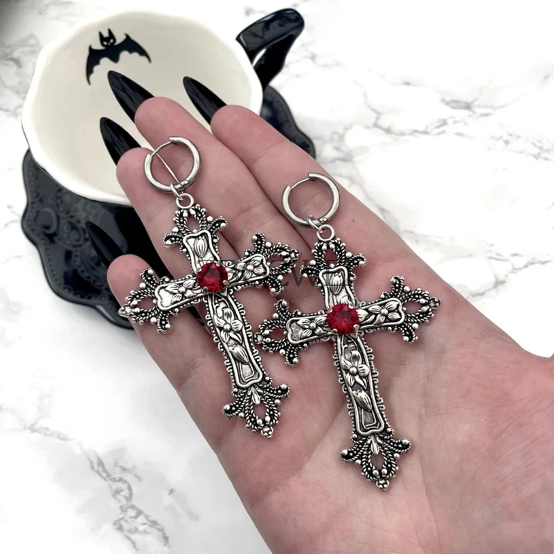 

Large Silver Tone Gothic Jewel Cross Earrings, Cross Earrings, Floral Cross, Gothic, Witchy, Vampire Jewellery, Large Cross