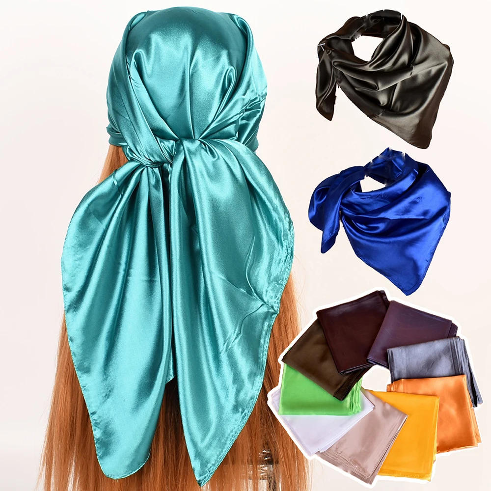 

90*90cm Solid Neckerchief Hijab Scarf For Women Silk Satin Headband Hair Scarves Female Square Shawls Head Scarfs For Ladies