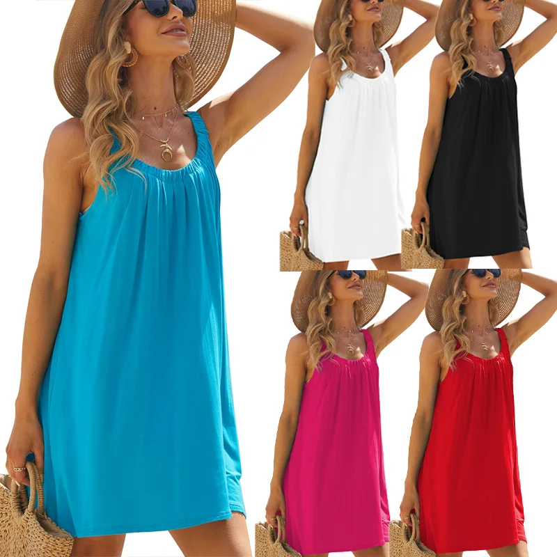 

Women's Solid Short Dress Tank Sleeveless Bikini Beachwear Coverups Loose Sundress Casual Vacation 2023 Summer Beach Dresses