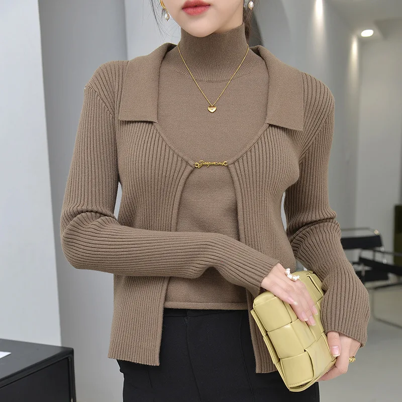 Korean Style Two Piece Set Cardigan Women Sexy Autumn Long Sleeve Ribbed Knitted Cropped Sweater and Matching Vest Fashion Lady