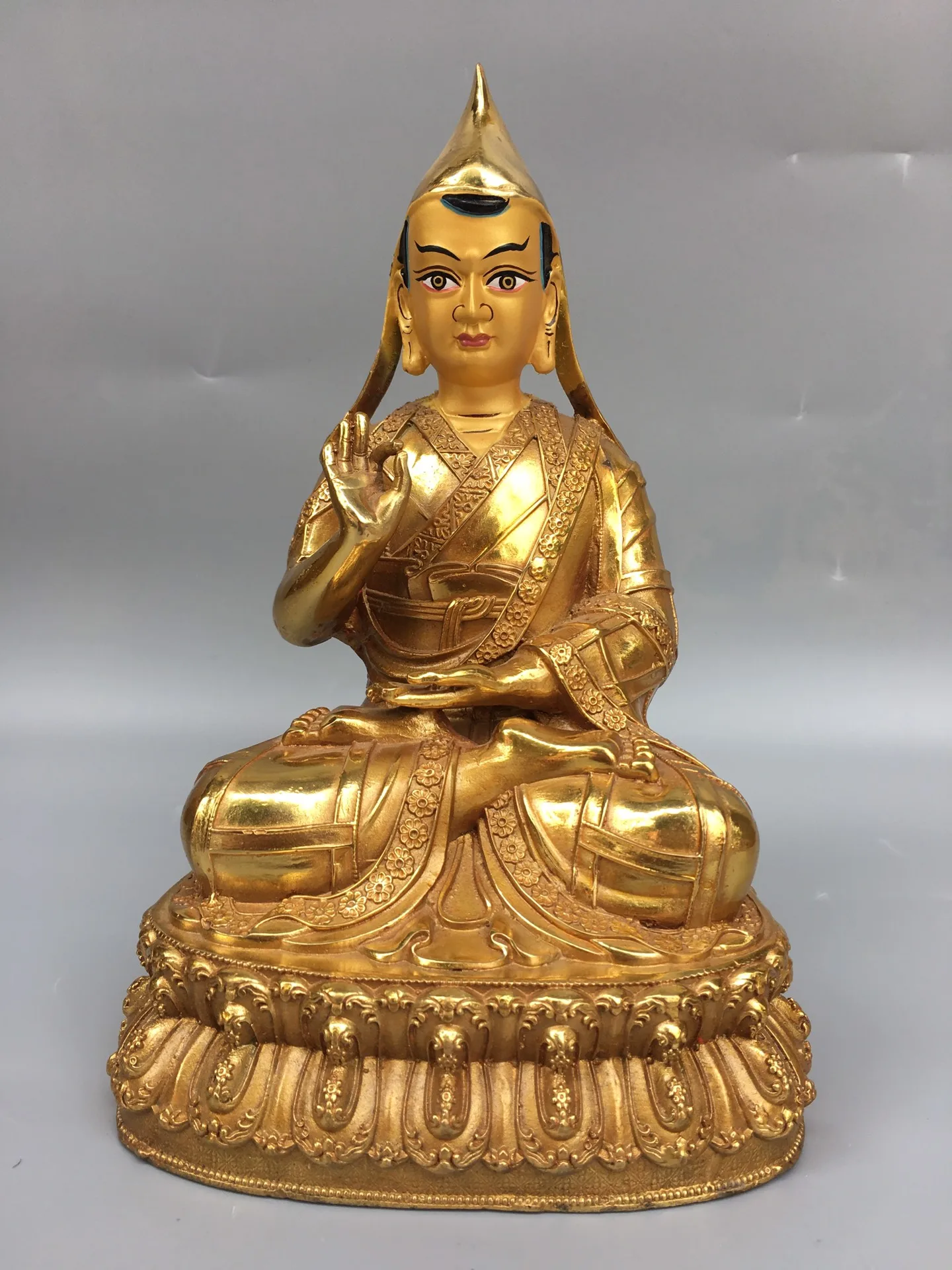 

9" Tibetan Temple Collection Old Bronze Gilt draw fac Tsongkhapa Tibetan Buddha lotus platform worship hall Town house Exorcism