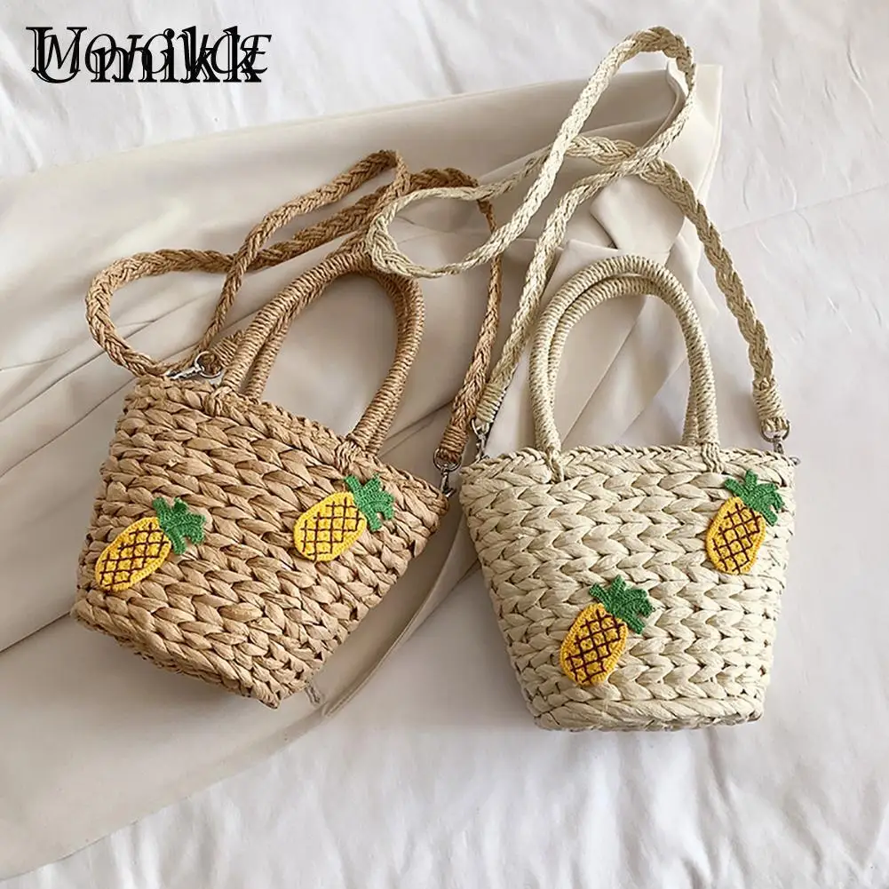 

Beach Holiday Straw Pineapple Bucket Bags Women Crossbody Shoulder Handbag Tote Purse Handmade Woven To-handle Bag for Ladies