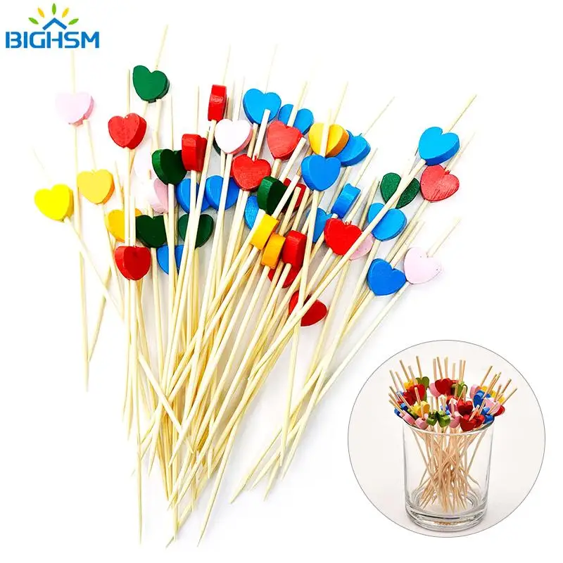 

100pcs Heart Flower Bamboo Pick Buffet Food Picks Cupcake Fruit Fork Party Dessert Salad Stick Cocktail Skewer For Wedding Decor