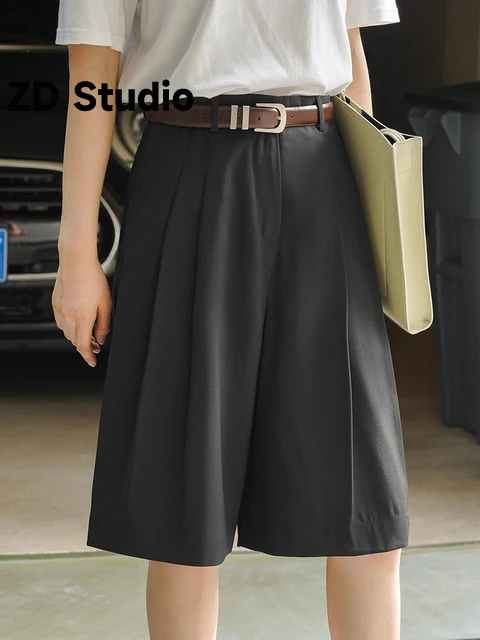 

[ZD Studio] Women Green Pleated Elegant Wide Leg Shorts New High Waist Loose Fit Trousers Tide Spring Summer 2023