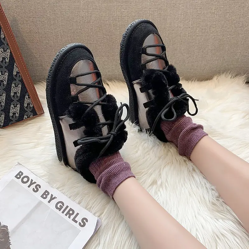 

Ladies snow boots flat shoes plush platform ankle boots patent leather comfortable soft winter shoes plus velvet cross tie