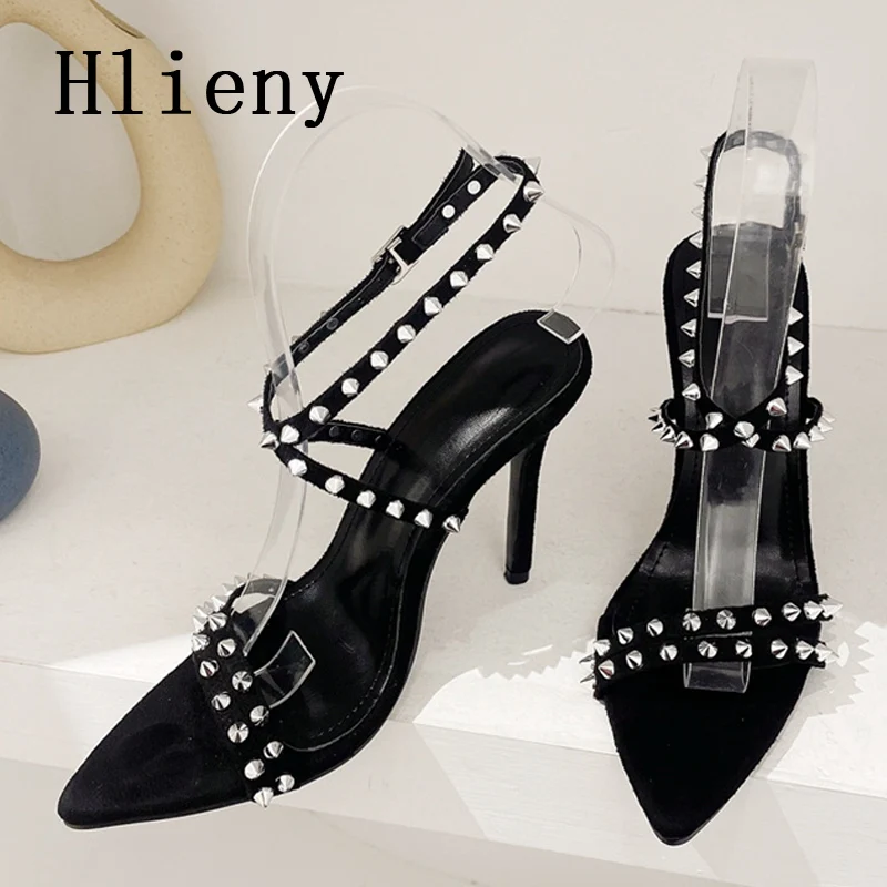 

Hlieny 2023 New Fashion Pointed Toe Rivet Women Sandals Ankle Buckle Strap Summer Party Thin High Heels Sexy Shoes Size 35-41