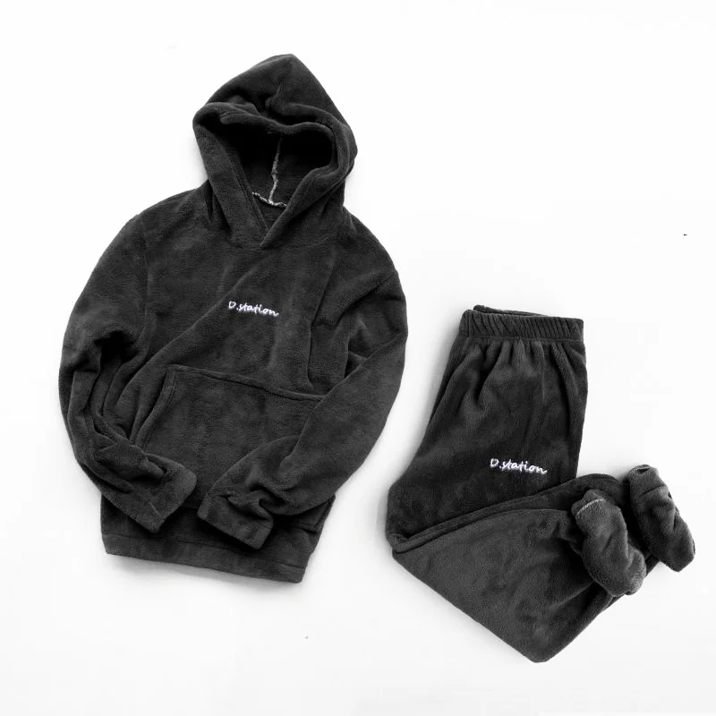 Women's Pajamas Set Hooded Plush Warm Pyjamas Homewear Full-Sleeve Long Pants 2Piece/Set Cozy Sport Sleepwear