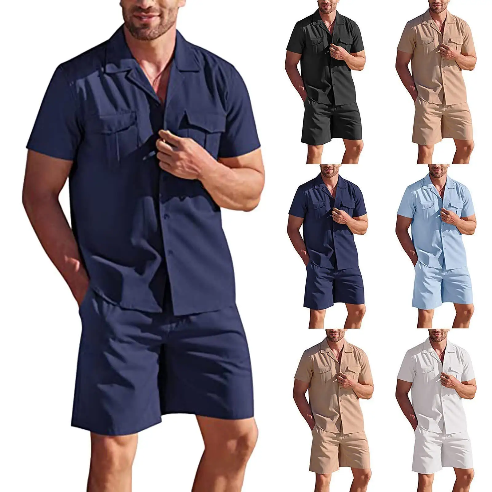 

New Summer Men's Linen Short Sleeved Shirt Set Loose Casual Cotton Linen Cardigan Shirt+Shorts Two-Piece Set