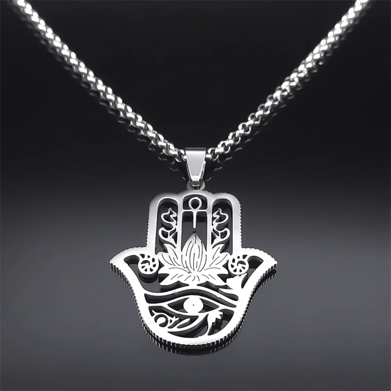 Ожерелье Хамса С Цветком Лотоса Рук Фатима Женский Серебряный Кулон Из