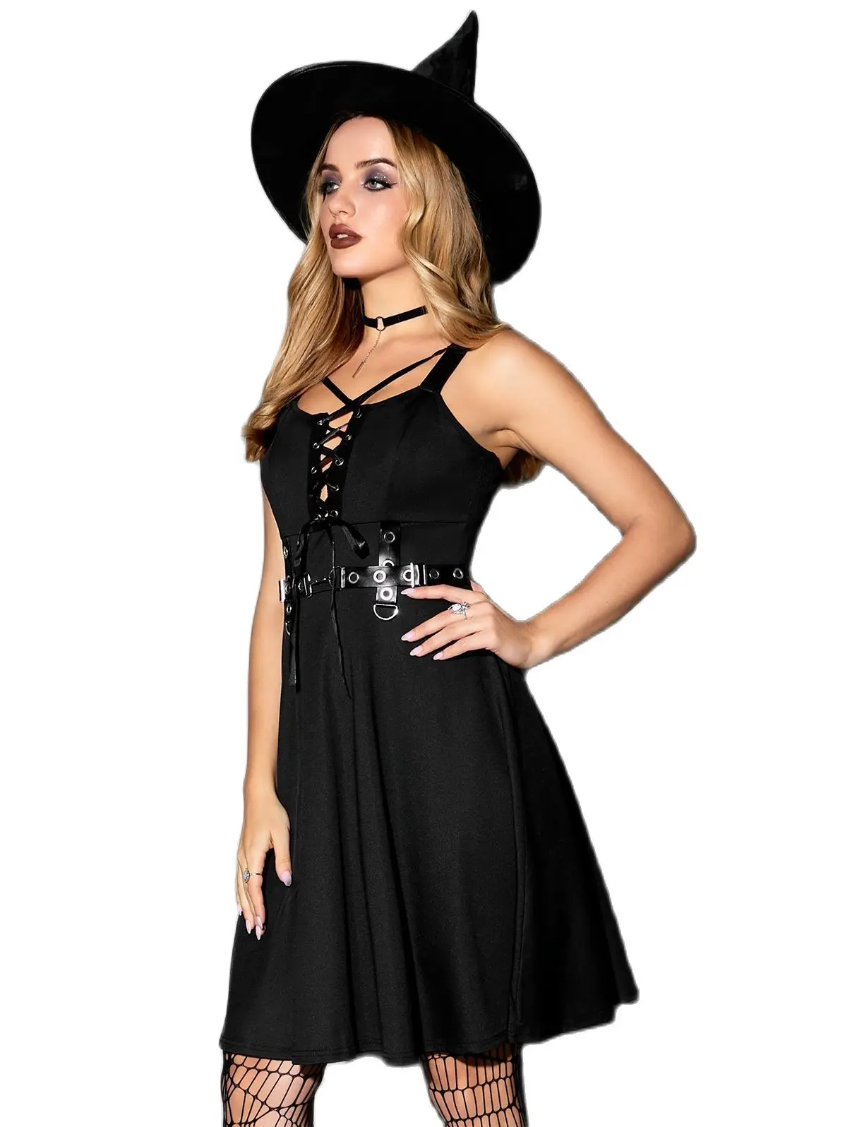 

Dressfo Gothic Black Dress Lace Up Summer Sleeveless Punk Dress Female High Waist Knee Length Casual Mini Dresses Women Clothing