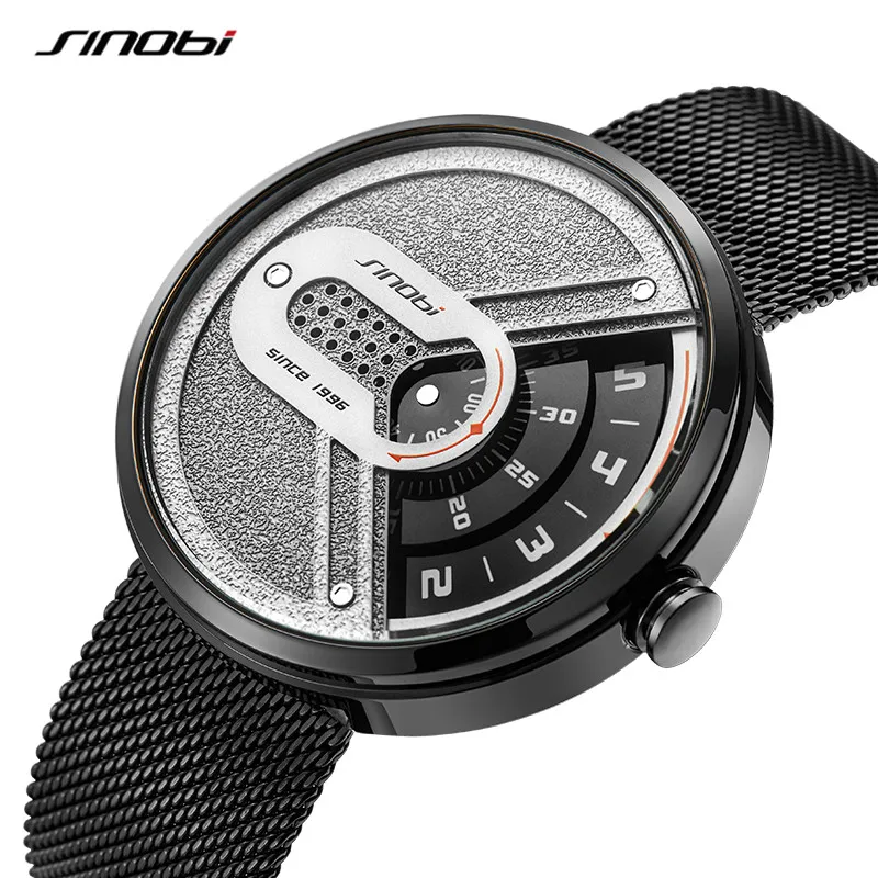 

SINOBI Fashion Creative Men Quartz Watches 44mm Dial Plate Stainless Steel Mesh Strap No Needles Rotatable Men's Wristwatches