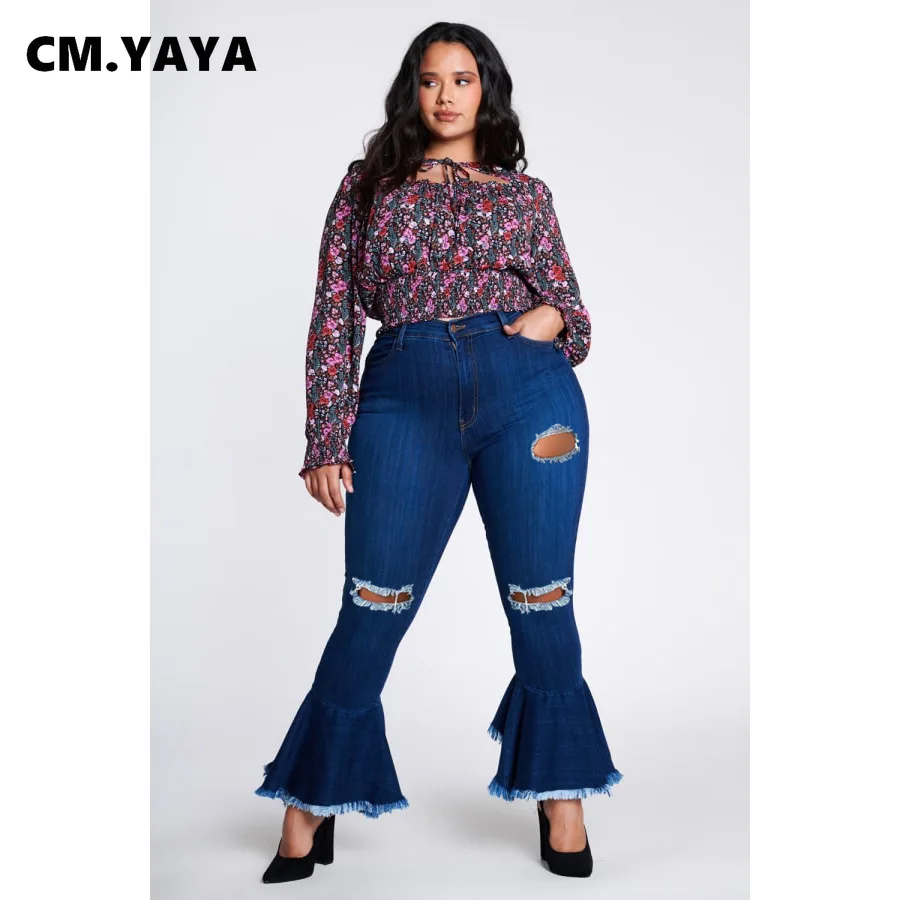 

Женские джинсовые брюки с оборками CM.YAYA, женские джинсовые брюки в стиле ретро, обтягивающие брюки с отверстиями, элегантные женские джинсо...