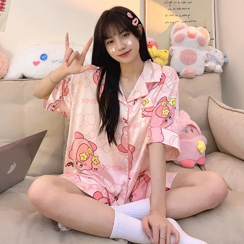 Ice silk pajamas women's summer short sleeve thin three-piece suit ins wind cartoon plus size fat mm200 kg home clothes