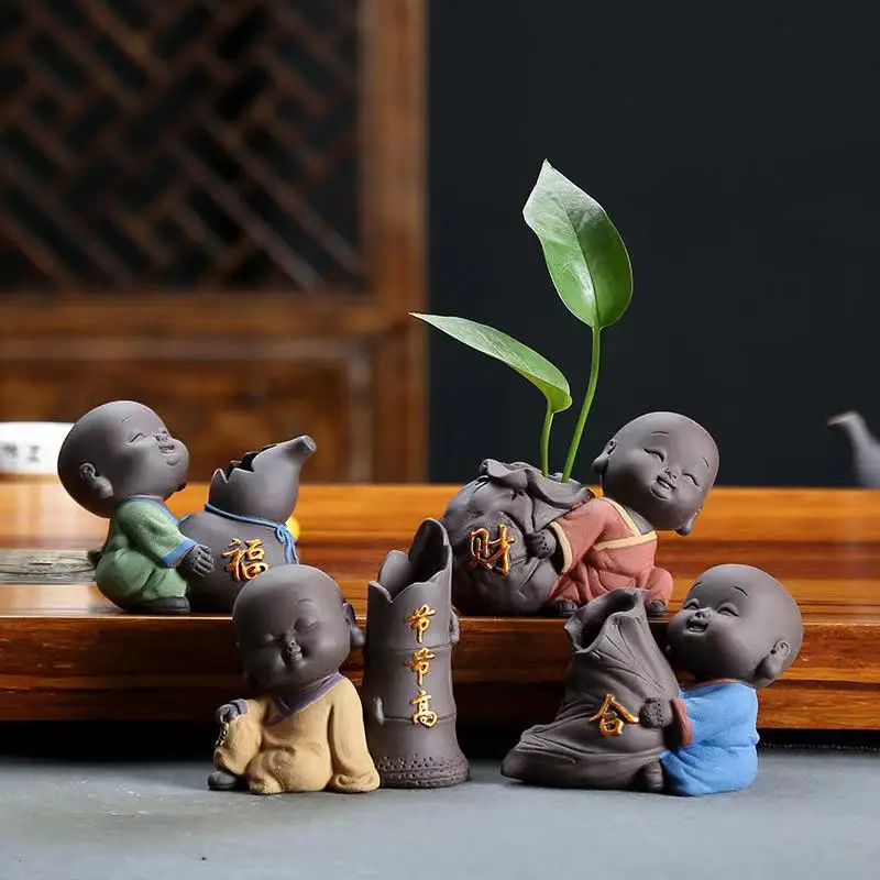 

Cute The Little Monk Purple Clay Tea Pet Home Decor Mini Water Planting Flower Vase Room Figurine Decoration