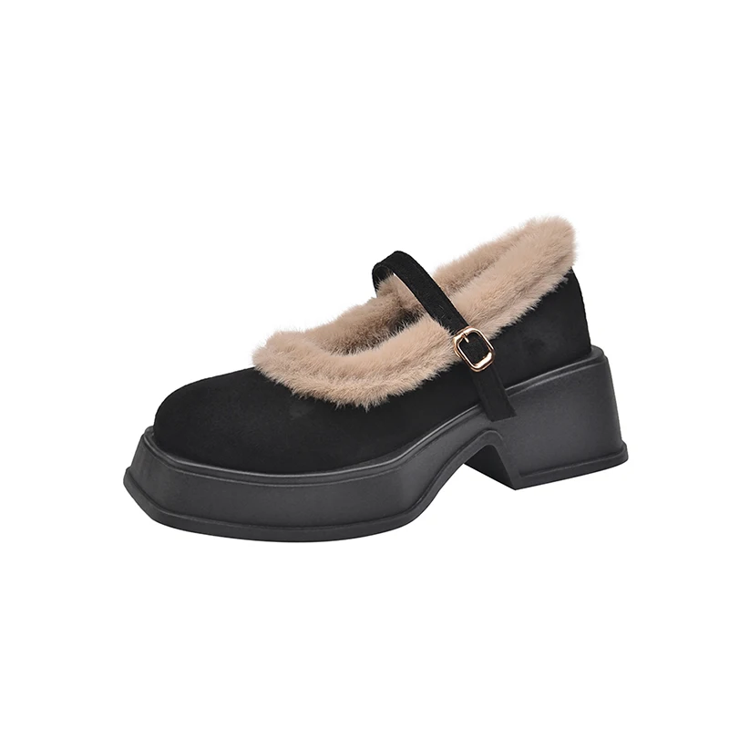 Женские туфли Мэри Джейн на меху женские ботинки высоком каблуке с квадратным