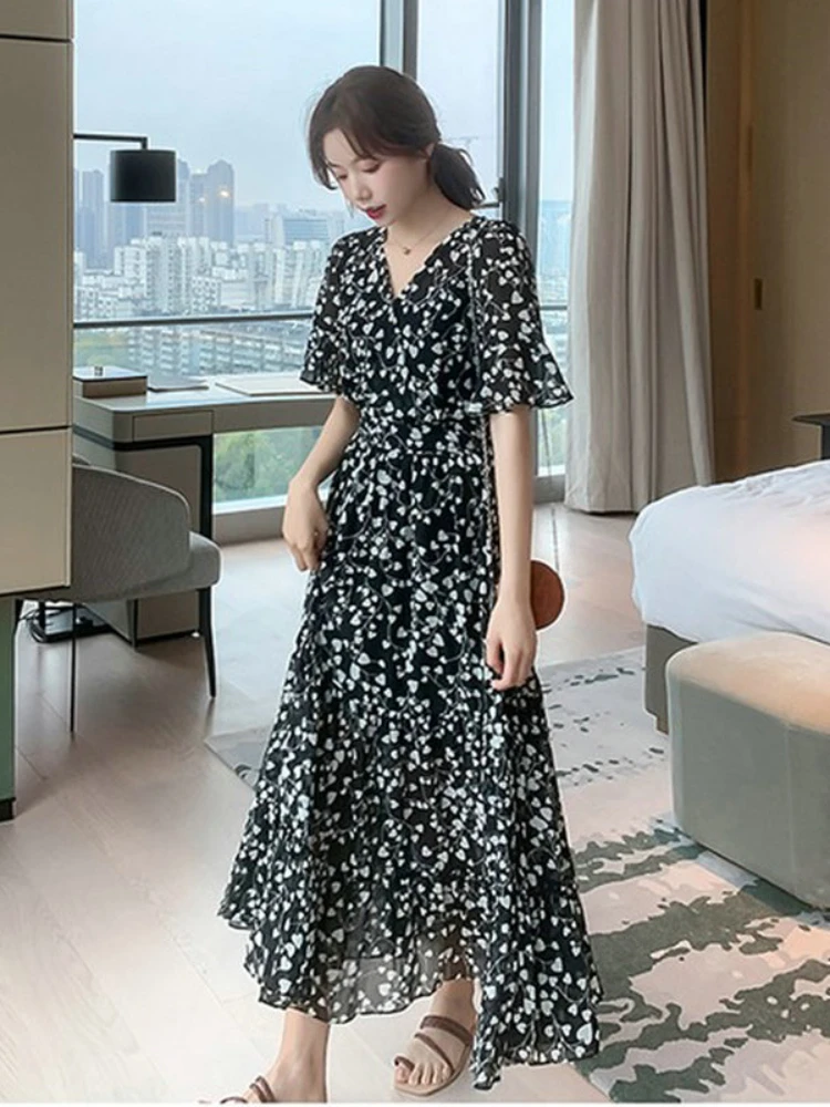 

Elegant Party Dresses for Women 2023 Floral Black High Waisted Length Skirt V-neck Skirt and Ruffle Sleeves New Womens Dresses