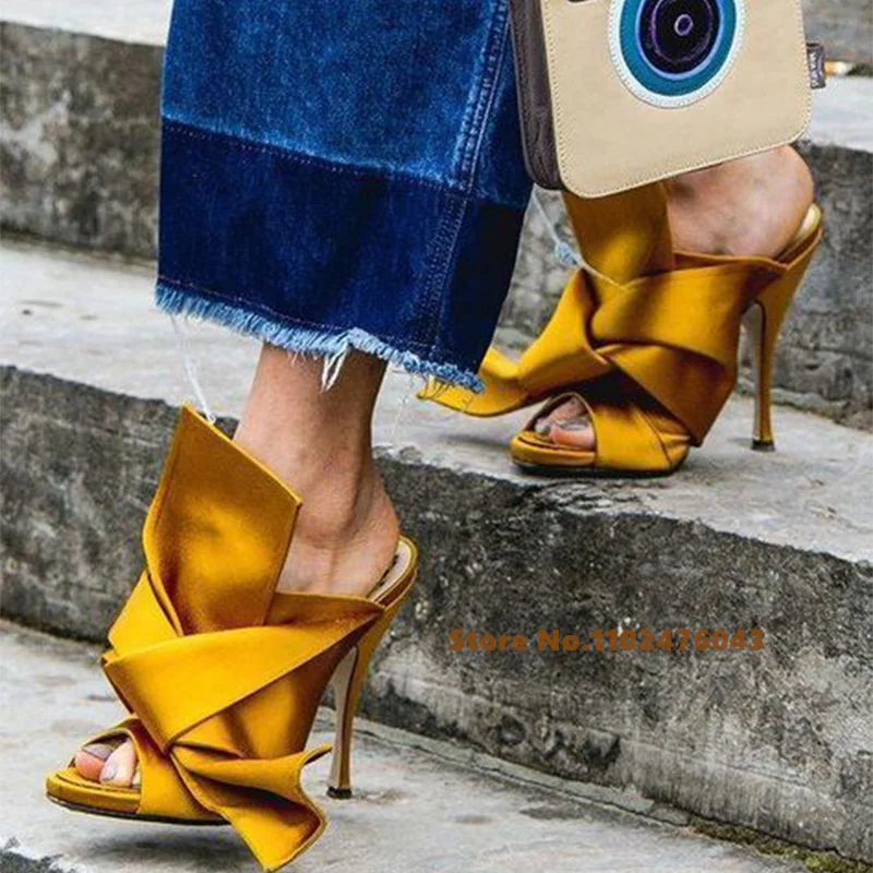 

Женские атласные шлепанцы, сандалии на высоком каблуке, без застежки, с большим бантом, сланцы, зеленые, желтые, лето