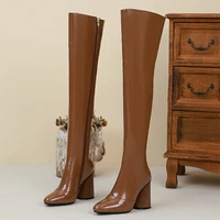 2022 autumn winter pointy toe chunky heel over knee boots fashion leisure shoes patent side zip women long big size 46