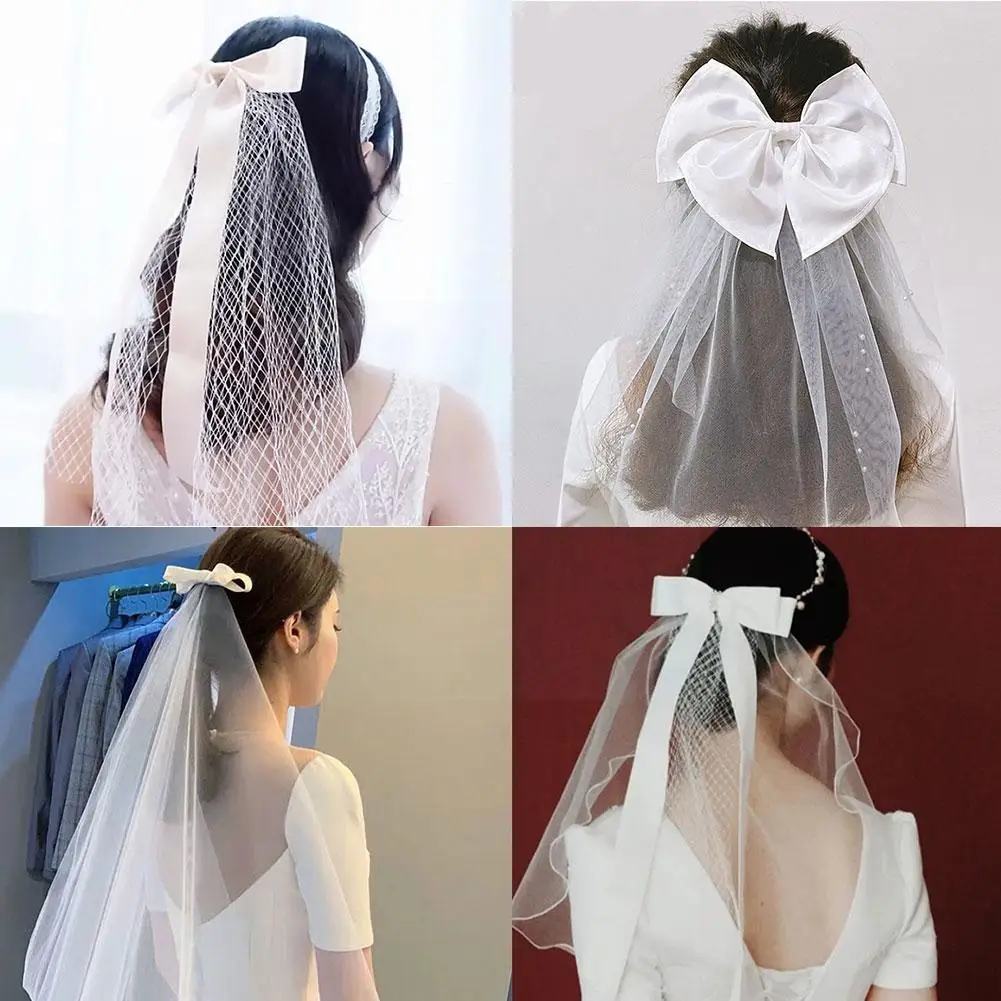 

Bowknot Barrettes Photograph Props Headwear Bridal Bow White Veil Clip Hairpin Wedding Long Handmade Ribbons Hair Jewelry H L7x6