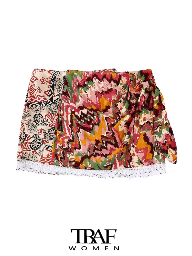 

TRAF Women Fashion With Beading Printed Wrap Mini Skirt Vintage High Waist Back Zipper Female Skirts Mujer