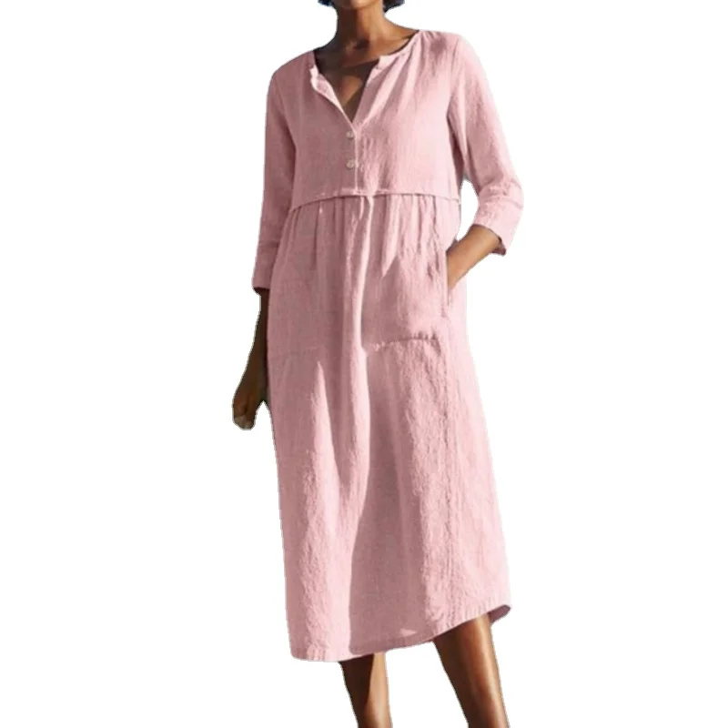 Crewneck Button Cotton Hemp Dress for Women 2023 Spring Summer Pocket Mid-sleeve Solid Color Dress  Vestidos De Tricô Femenino