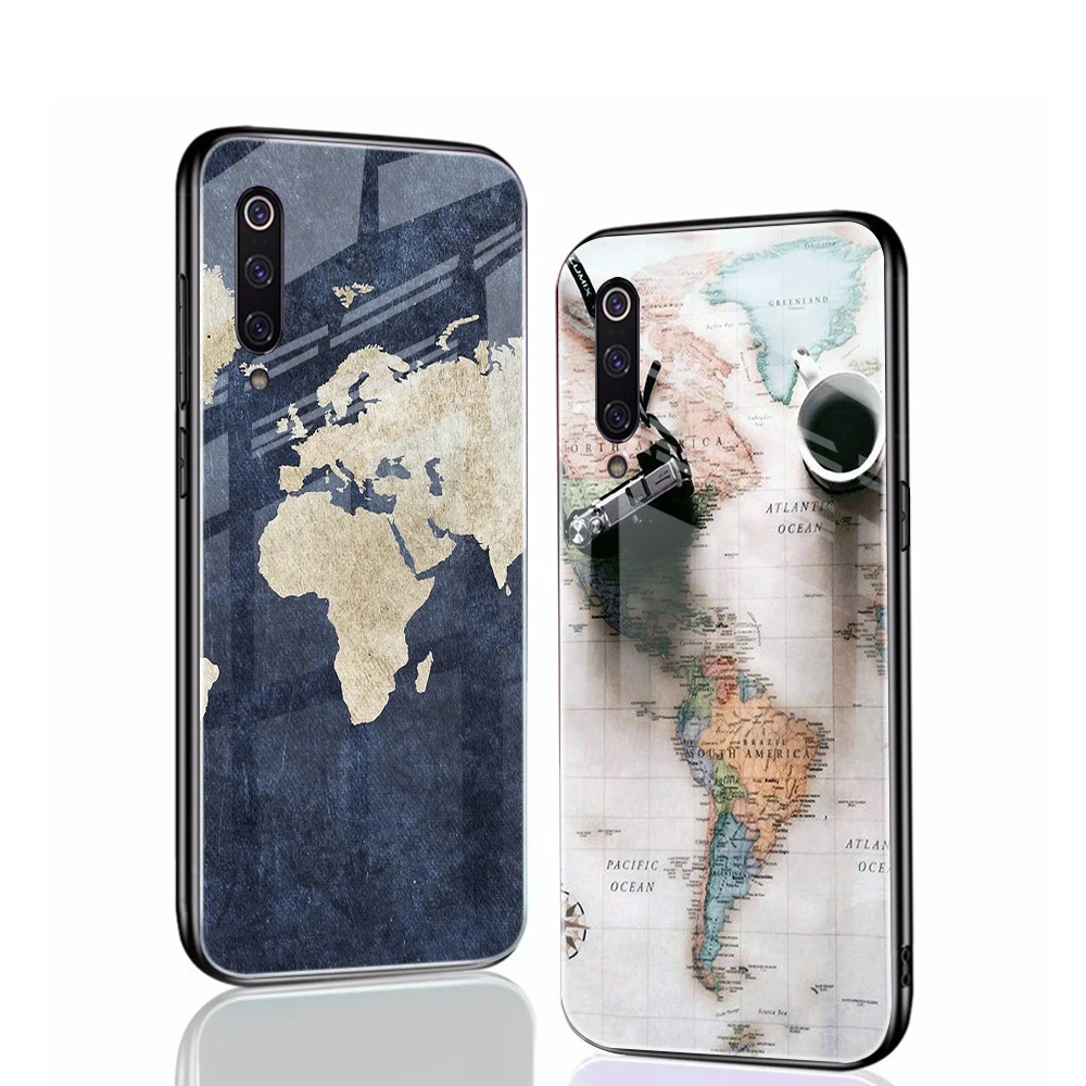 

World Map Travel Tempered Glass Phone Case for Xiaomi 11 10 10T 9 9T Lite 5G NE 11T Pro 10Ultra Note 10 Pro Lite A3 A3Lite Funda