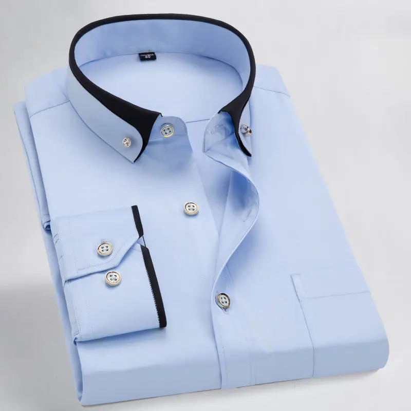 2022 New Spring and Autumn Korean Long Sleeve Double Neck Shirt Business Casual Slim Solid Breathable Middle Aged and Youth Shir