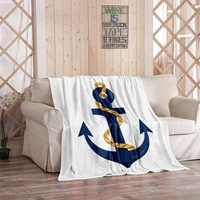navy white throw blanket nautical themed graphic of cartoon dark sky blue colored anchor with rope blankets home soft cozy warm