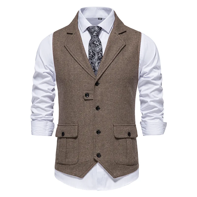 

Mens Herringbone Tweed Suit Vest Vintage Wool Blend Notch Lapel Waistcoat Vests Men Party Wedding Prom Tuxedo Dress Vest Male
