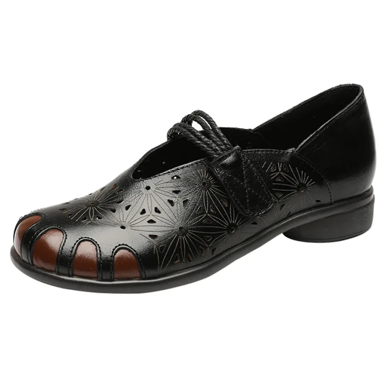 Xiuteng National Style Hollow Flat Shoes Women's Summer New Leather One Pedal Breathable Hollow Grandma Shoes Middle-Aged Shoe