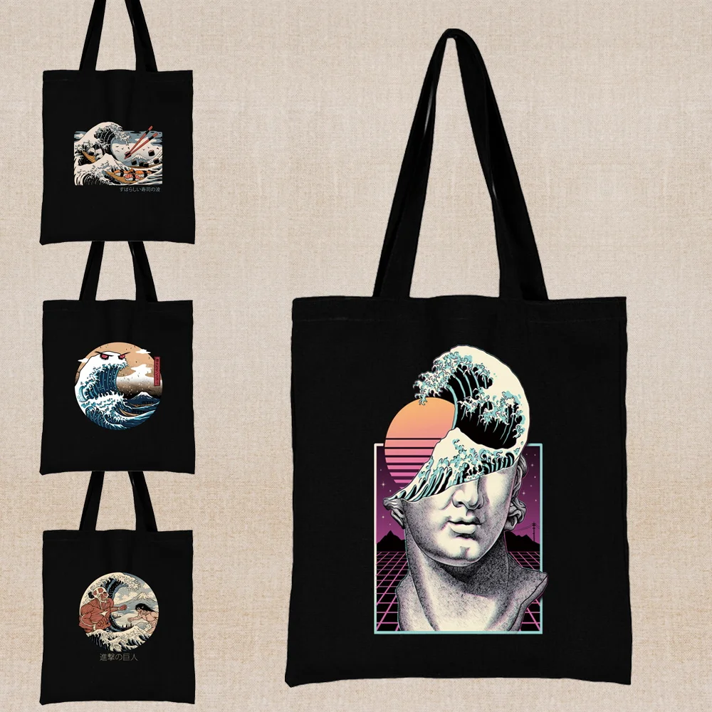 

Wave Pattern Printing Shopping Bag Kawaii Tote Bag Y2k Fashion Shoulder Shopper Bag Women Casual Travel Canvas All-match Handbag