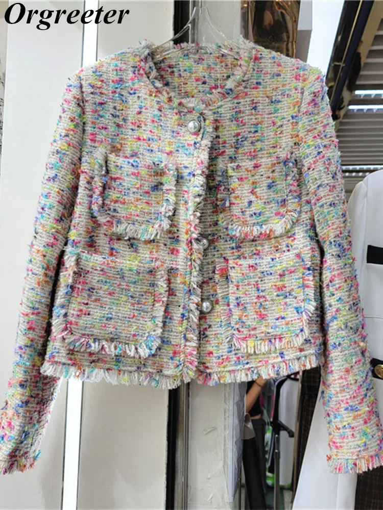 

High-end Thick Tweed Women's Jacket Coat Fall Winter Sweet Rainbow Tassel Pockets Woolen Coats Elegant OL Outwear Top Casaco