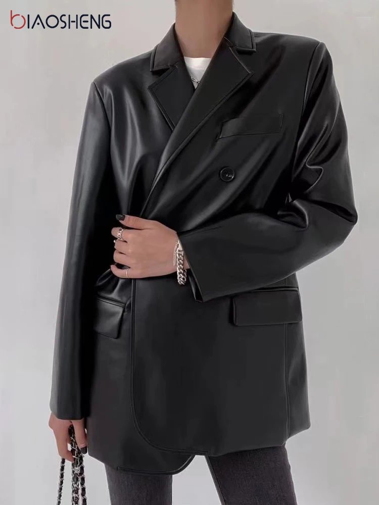 Vintage 90s Leather Jacket Women's Black Y2K Autumn Winter Leather Coat Baggy Female Clothing High Street Wild Jacket Streetwear