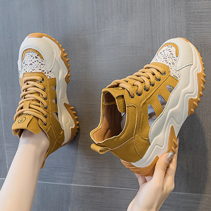 Genuine Leather Hollow Strap Design Air Mesh Comfy High Brand Breathable Shoe Chunky Sneakers Spring Summer Platform Wedge Shoes