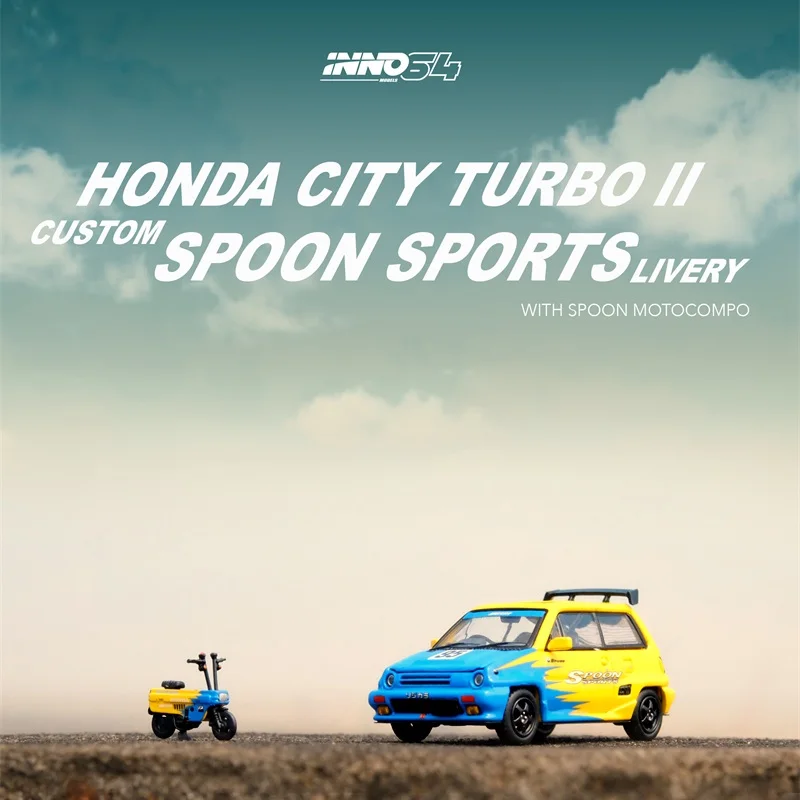 INNO 1:64 HONDA HONDA CITY TURBO II SPOON SPORTS Custom Livery With MOTOCOMPO Diecast Model Car