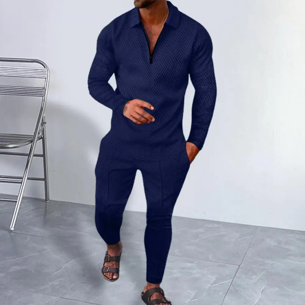 Popular Men Outfit Pockets Sporty Long Sleeve Top Mid-rise Pants  Two Piece Set    Men Top Trousers