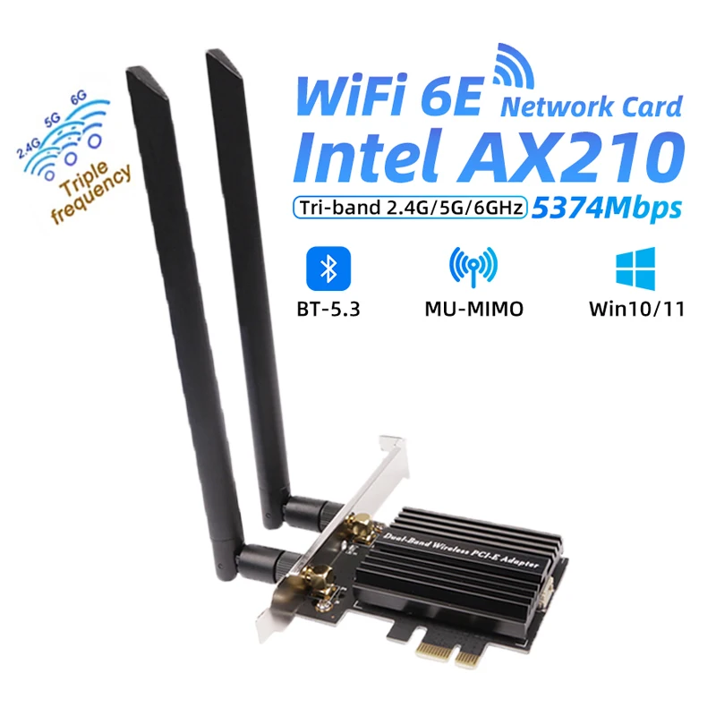 

5374Mbps Wi-Fi 6E PCIE Wireless WiFi Adapter Bluetooth 5.3 Tri-band 2.4G/5G/6Ghz PCI Express 802.11AX Intel AX210 WiFi Card PC