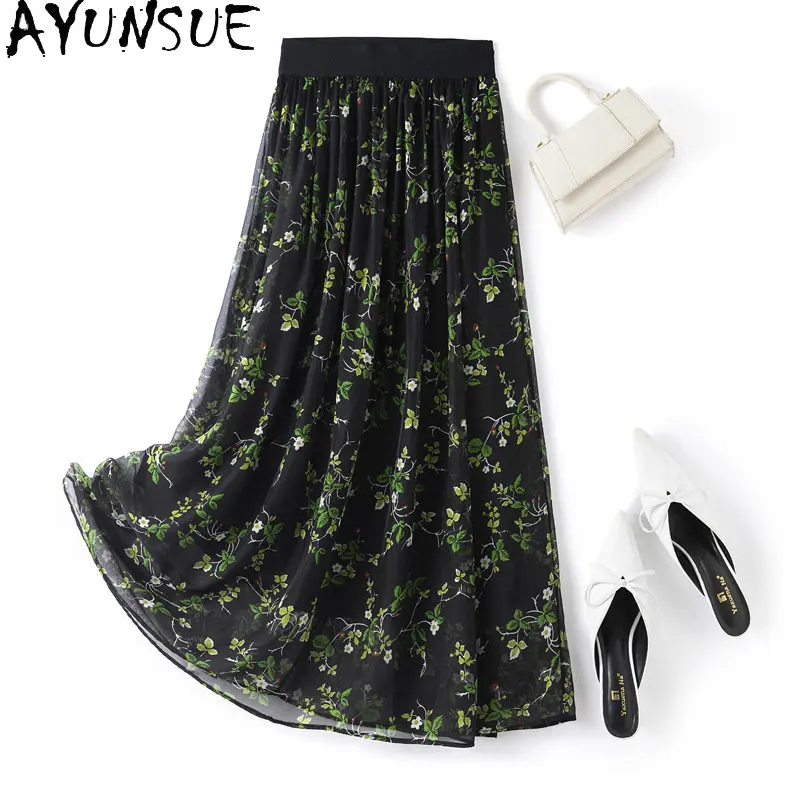 

Женская шелковая трапециевидная юбка, черная шелковая юбка средней длины с высокой талией и цветочным принтом, 100%