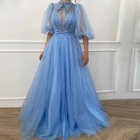 elegant blue puff sleeve banquet party prom evening dress birthday dress princess dress