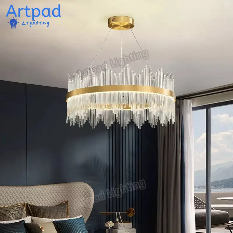 

Nordic Luxury Chandelier LED for Living Room Round/Long Gold Crystal Hanging Lamp Modern Minimalist Dining Room Bedroom Light